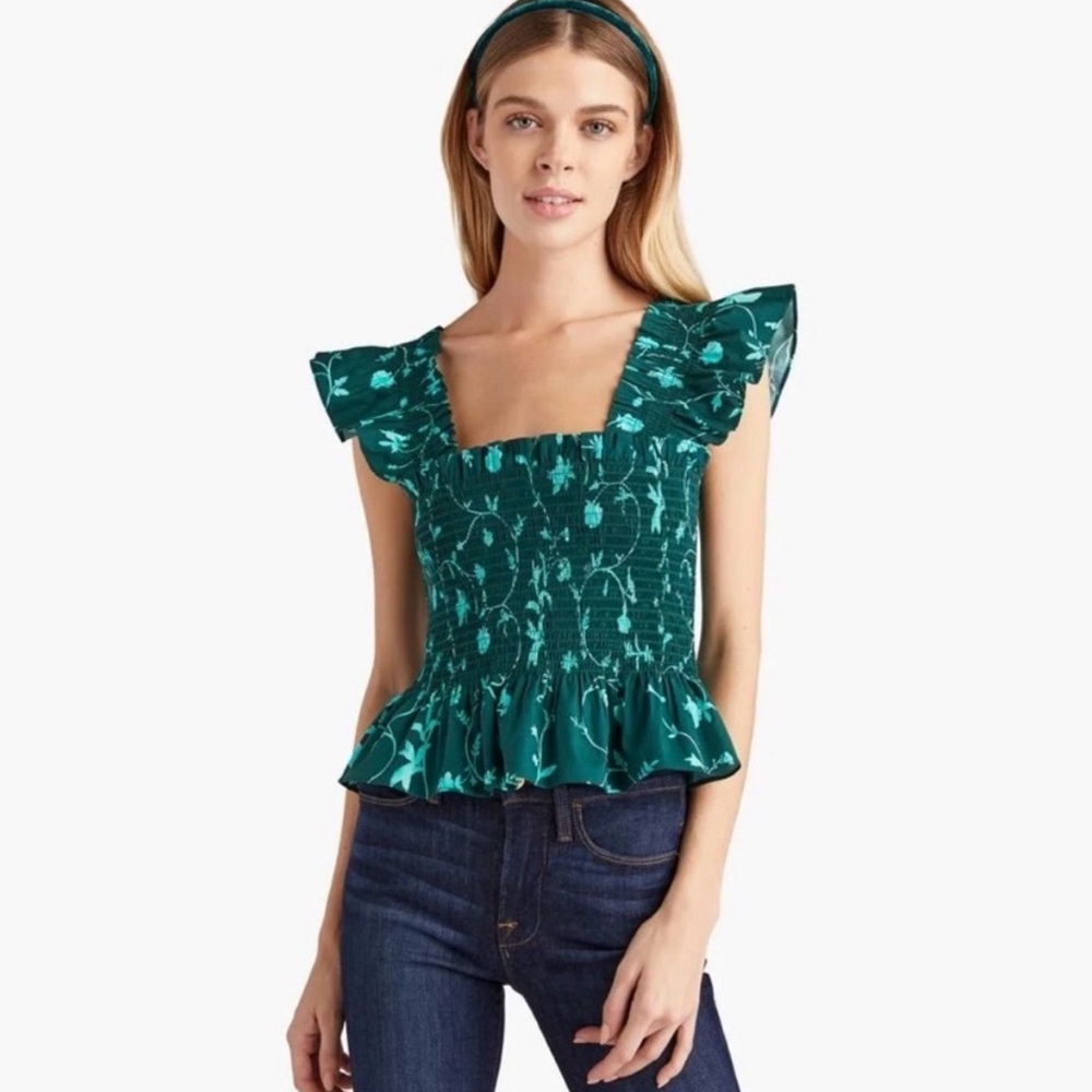 Hill House the Paz Top Emerald Botanical, Size S, Green Floral Smocked Tank